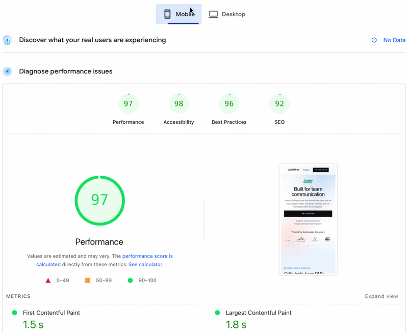 Google PageSpeed: Pathline 0.03s first paint vs WordPress 6.7s